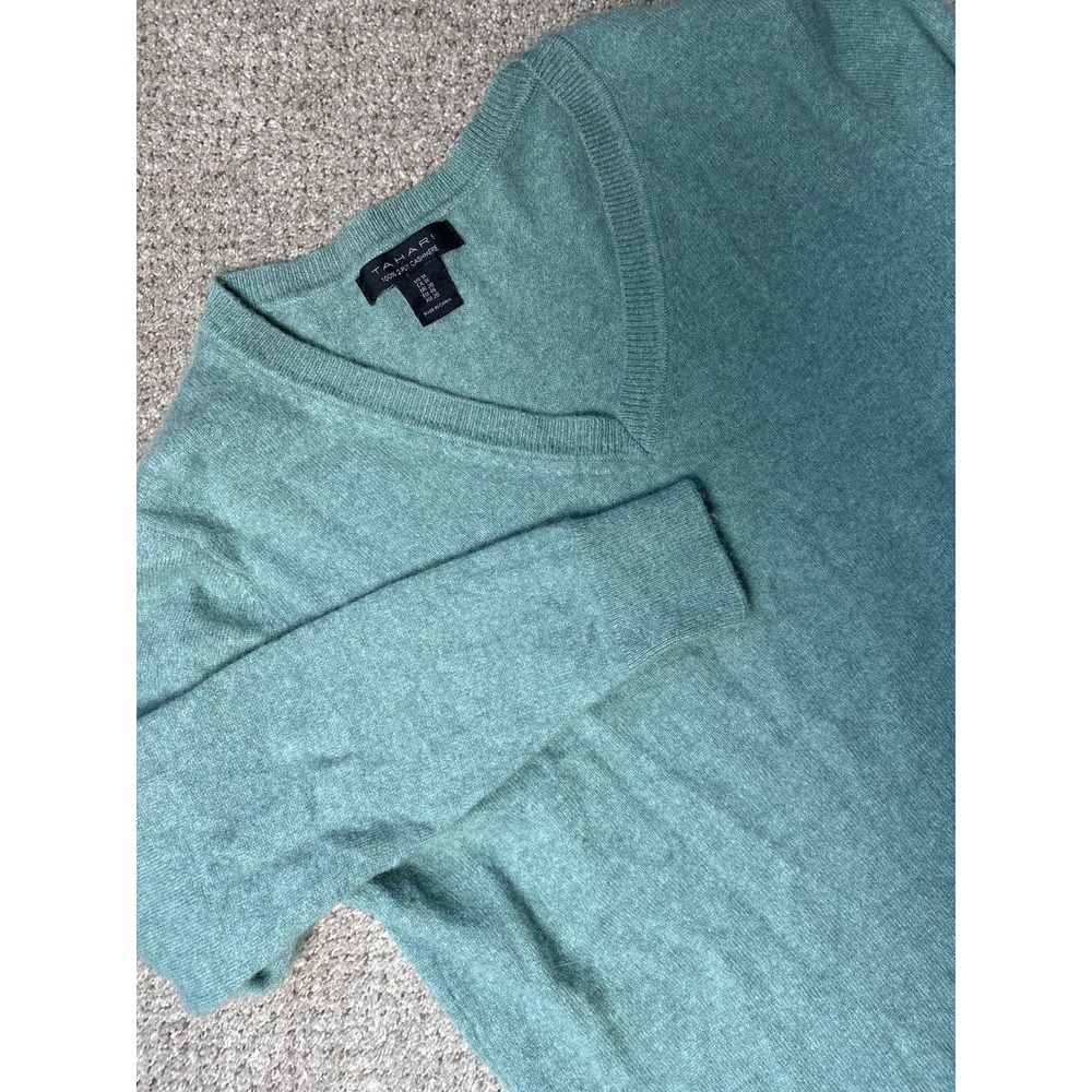 Tahari Womens 100% 2-Ply Cashmere V-Neck Sweater 1X Teal Green Solid Pullover